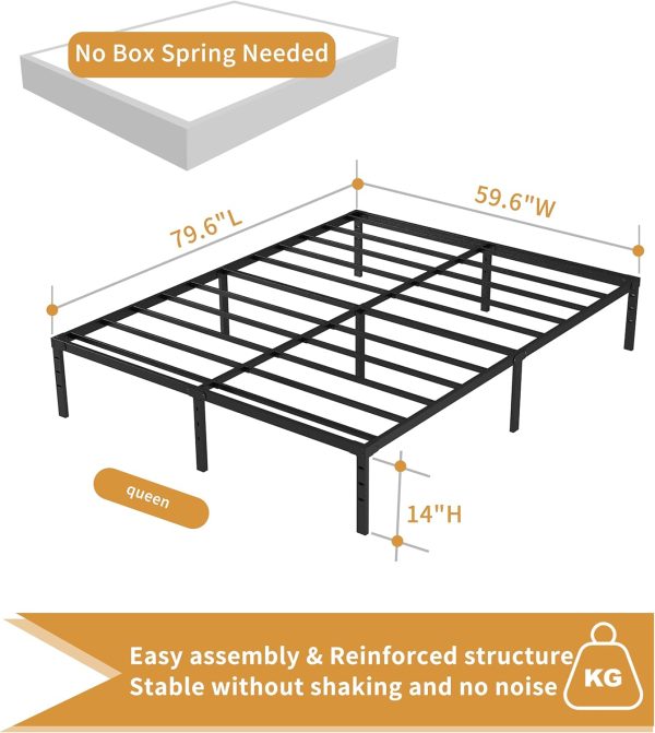 14 Inch Queen Bed Frame - Sturdy Platform Bed Frame Metal Bed Frame No Box Spring Needed Heavy Duty Queen Size Bed Frame Easy Assembly Strong Bearing Capacity, Under Bed Storage - Image 3
