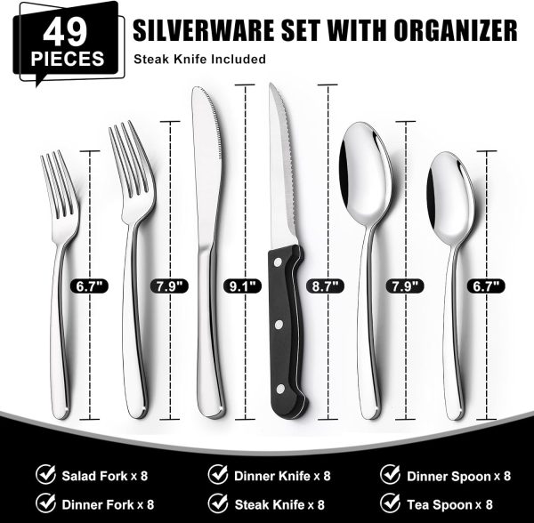 49-Piece Silverware Set with Organizer, Heavy Duty Stainless Steel Flatware for 8, Cutlery Utensil Sets with Steak Knives, Rust-proof, Mirror Polished, Dishwasher Safe - Image 2