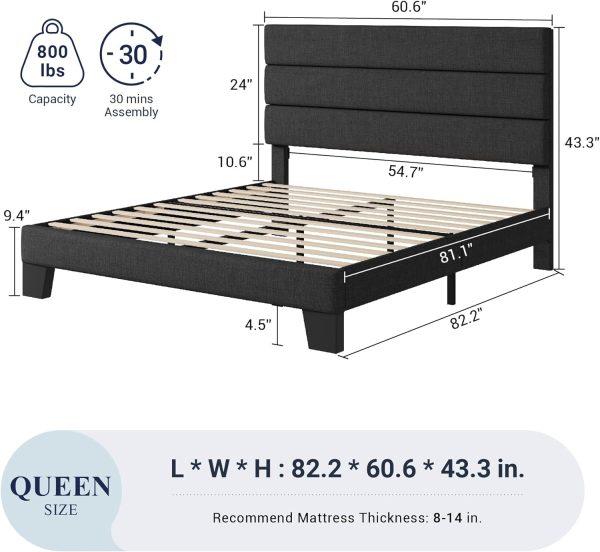 Allewie Queen Size Platform Bed Frame with Fabric Upholstered Headboard and Wooden Slats Support, Fully Upholstered Mattress Foundation/No Box Spring Needed/Easy Assembly, Dark Grey - Image 2