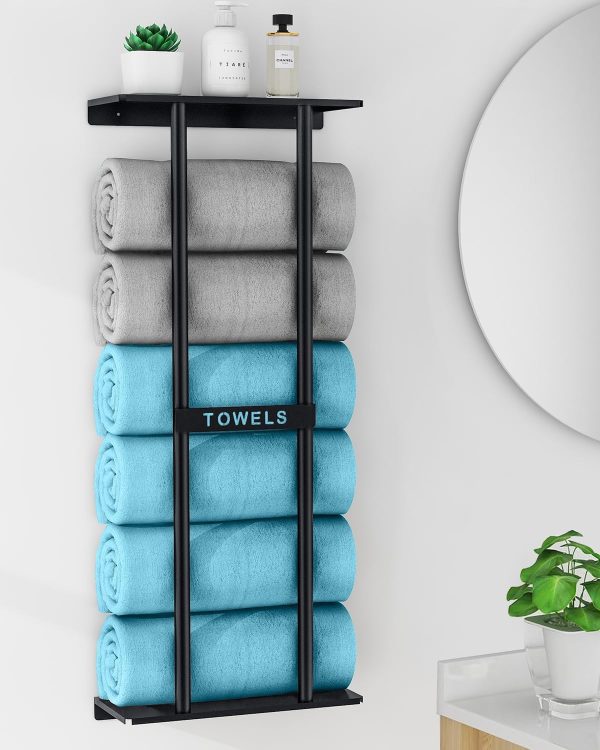 Bathroom Towel Storage Rack, Towel Racks for Bathroom Wall Mounted 30 inch with Shelf Can Holds 6 Large Towels, Wall Towel Rack for Rolled Towels, Black - Image 2