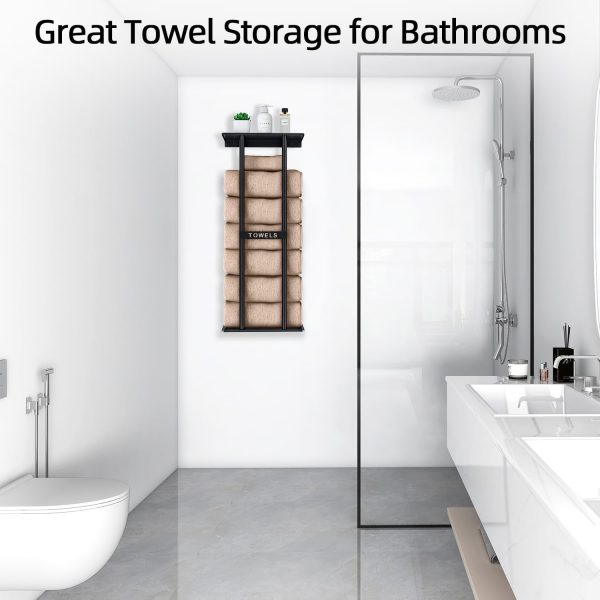 Bathroom Towel Storage Rack, Towel Racks for Bathroom Wall Mounted 30 inch with Shelf Can Holds 6 Large Towels, Wall Towel Rack for Rolled Towels, Black - Image 4