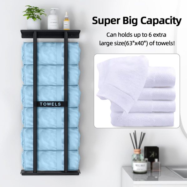 Bathroom Towel Storage Rack, Towel Racks for Bathroom Wall Mounted 30 inch with Shelf Can Holds 6 Large Towels, Wall Towel Rack for Rolled Towels, Black - Image 5