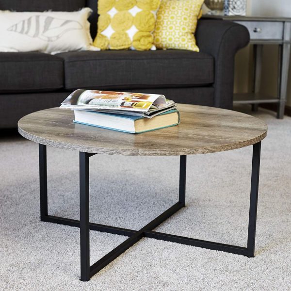 Household Essentials Jamestown Round Coffee Table Ashwood Rustic Wood Grain and Black Metal 31.5 x 31.5, Taupe - Image 4