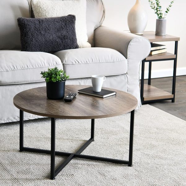 Household Essentials Jamestown Round Coffee Table Ashwood Rustic Wood Grain and Black Metal 31.5 x 31.5, Taupe - Image 5