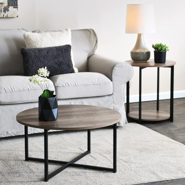 Household Essentials Jamestown Round Coffee Table Ashwood Rustic Wood Grain and Black Metal 31.5 x 31.5, Taupe - Image 6