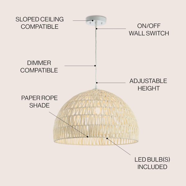 JONATHAN Y JYL6504A Campana 20" 1-Light Bohemian Modern Woven Rattan/Iron LED Pendant Farmhouse Coastal Adjustable Dining Room Living Room Kitchen Island Foyer Bedroom Hallway, Cream - Image 4