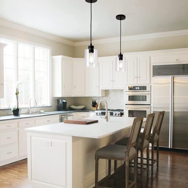 Modern Black Farmhouse Clear Glass Cylinder Pendant Light Fixture,Island Lights for Kitchen,Mini Pendant Lighting for Kitchen Island Decor - 4.75 Inch Shade, 2-58 Inch Cord (Black 2 Pack) - Image 2