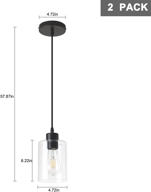 Modern Black Farmhouse Clear Glass Cylinder Pendant Light Fixture,Island Lights for Kitchen,Mini Pendant Lighting for Kitchen Island Decor - 4.75 Inch Shade, 2-58 Inch Cord (Black 2 Pack) - Image 6
