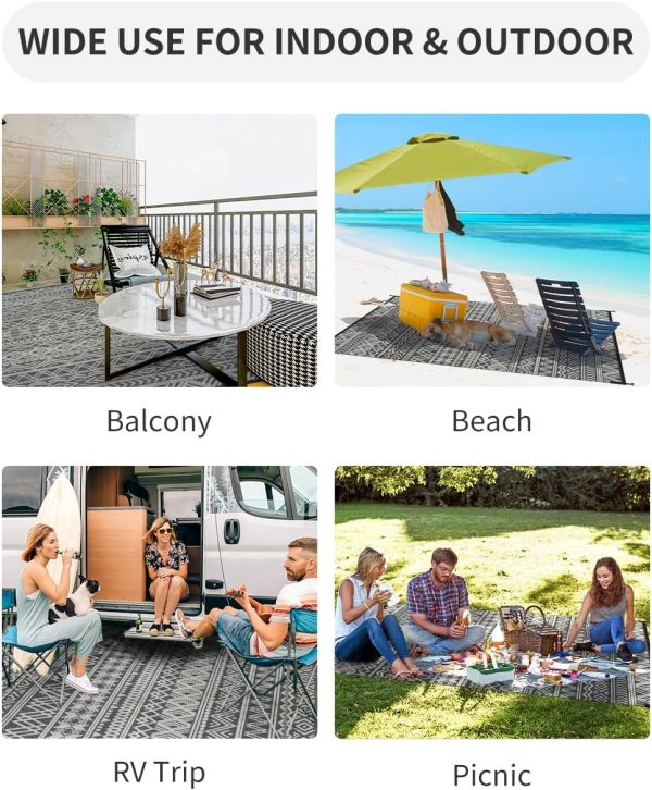 MontVoo-Outdoor Rug Carpet Waterproof 5x8 ft Reversible Patio Rug RV Camping Rug-Plastic Straw Rug Outside Indoor Outdoor Area Rug for Patio Deck Balcony Picnic Beach Outdoor Decor Boho Grey - Image 3