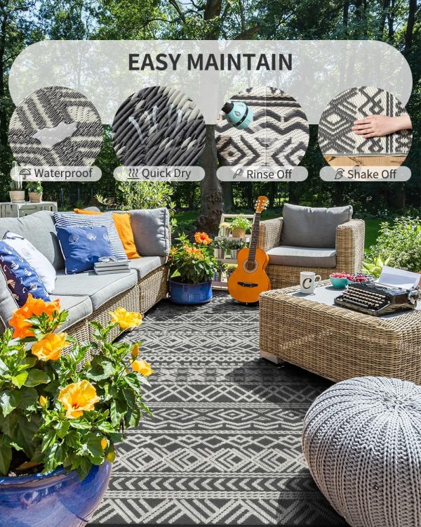MontVoo-Outdoor Rug Carpet Waterproof 5x8 ft Reversible Patio Rug RV Camping Rug-Plastic Straw Rug Outside Indoor Outdoor Area Rug for Patio Deck Balcony Picnic Beach Outdoor Decor Boho Grey - Image 4
