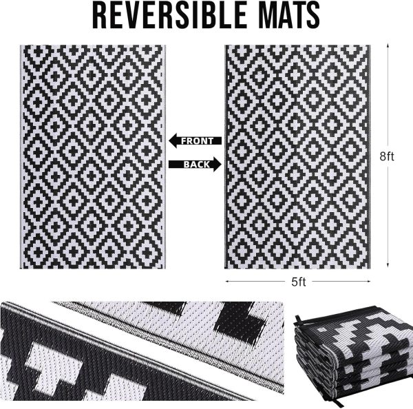 OLANLY Waterproof Outdoor Rug 5x8 ft, Reversible Plastic Straw Patio Rug for Camping, RV Mat Outside, Indoor Outdoor Carpet for Porch, Deck, Backyard, Camper, Balcony, Picnic, Black & White - Image 2
