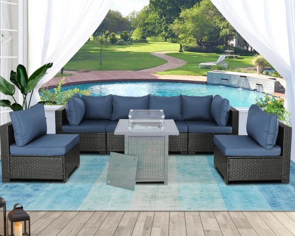 Patio Furniture Sets Outdoor Sectional PE Rattan Outdoor Furniture Patio Conversation Set with Cushions for Balcony Lawn and Garden 6 Pieces Couch Without Table (Expresso/Navy Blue)