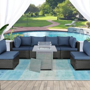 Patio Furniture Set Rattan Outdoor Sectional Conversation Sets 3-Seat Outdoor Couch,2 Single Chair and 2 Ottoman for Lawn, Balcony, Garden, Backyard (Brown-Navy, Set of 5)