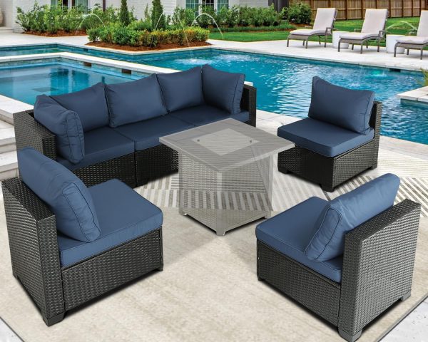 Patio Furniture Sets Outdoor Sectional PE Rattan Outdoor Furniture Patio Conversation Set with Cushions for Balcony Lawn and Garden 6 Pieces Couch Without Table (Expresso/Navy Blue) - Image 2