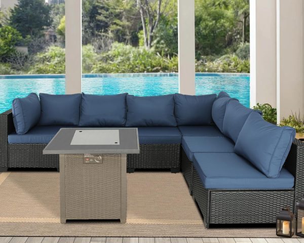 Patio Furniture Sets Outdoor Sectional PE Rattan Outdoor Furniture Patio Conversation Set with Cushions for Balcony Lawn and Garden 6 Pieces Couch Without Table (Expresso/Navy Blue) - Image 3