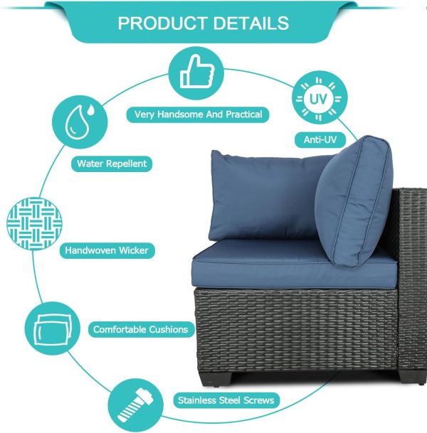 Patio Furniture Sets Outdoor Sectional PE Rattan Outdoor Furniture Patio Conversation Set with Cushions for Balcony Lawn and Garden 6 Pieces Couch Without Table (Expresso/Navy Blue) - Image 6