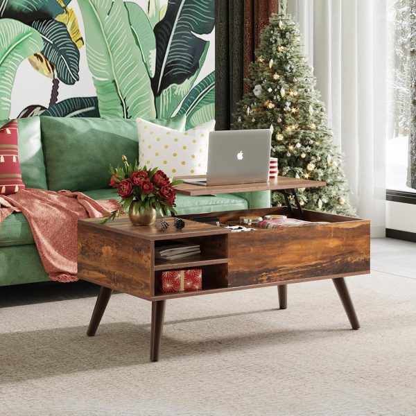 WLIVE Wood Lift Top Coffee Table with Hidden Compartment and Adjustable Storage Shelf, Lift Tabletop Dining Table for Home Living Room, Office, Rustic Oak - Image 2